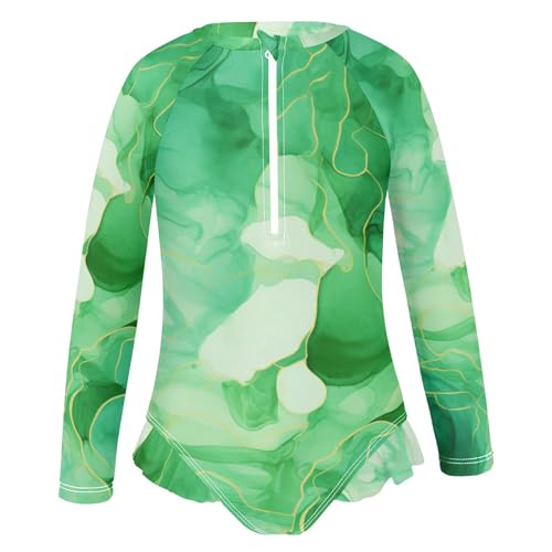 ALAZA Toddler Swimsuit Girl Bathing Suit Swimwear Rash Guard Marble Green Long Sleeve 3T2
