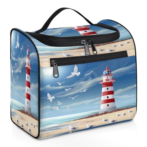 Mexpekil Ocean Lighthouse Seagull Hanging Toiletry Bag per donne uomini grande impermeabile trucco cosmetico Wash Bag per viaggio, Multicolore, 10.2 x 6.5 x 9.2 inches, Beauty case