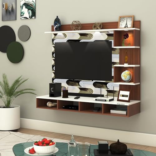 Image of TV Cabinet for Bedroom 32 inch to 65 Inches Engineered Wood TV Entertainment Unit Back Side 3mm UPVC Self Adhsive Waterproof Sheet and Lights (Black-White, 32-55 Inches, with Fitting)