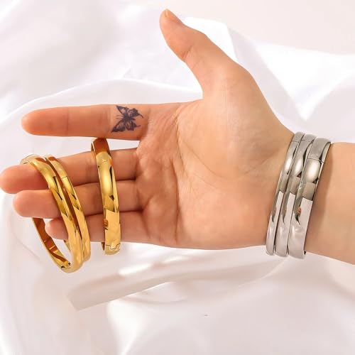 Gold Bangle Bracelets for Women, 18K Gold Plated Stainless Steel Love Friendship Bangles, Polished Finish Oval Bracelets for Women, Trendy Valentine's Birthday Christmas Gifts4
