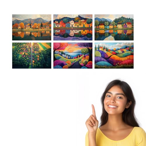 Image of SiddArtify Landscape Wall Art Poster Print Set - Colorful Village Poster Decor for Living Room Bedroom - 12x18 inch Sticker Pack of 6