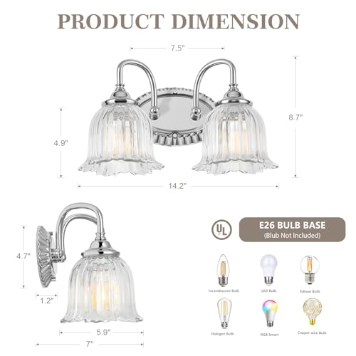 Image of Chrome 2-Light Bathroom Light Fixtures with Floral Glass Shade | Vintage Vanity Lights Wall Sconces Over Mirror for Bathroom Powder Room