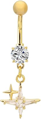 CZ Cross Star Belly Button Ring for Women Crystal Four Pointed Star Dangle Belly Navel Piercing Barbell Dangling Body Piercing Jewelry