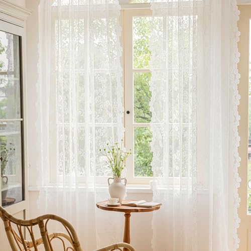 Lot de 2 rideaux dentelle blanche motif floral brodé 150x200 cm vintage voile brodé transparents chambre à coucher salon terrasse mariage