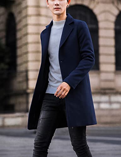 Springrain Men's Wool Blend Pea Coat Notched Collar Single Breasted Overcoat Warm Winter Trench Coat(Navy-M)