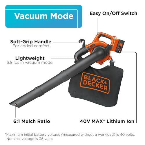 BLACK+DECKER 40V Cordless Leaf Blower Leaf Vacuum Combo Kit, 120 mph Air Speed, 6-Speed Dial, Built-in Scraper, with Collection Bag, Battery and Charger Included (LSWV36)