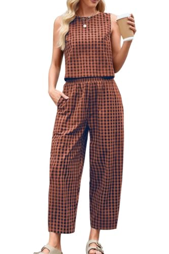 Women's 2 Piece Lounge Outfits Plaid Sleeveless Tank Tops Pullover High Waist Wide Leg Barrel Pants Tracksuits
