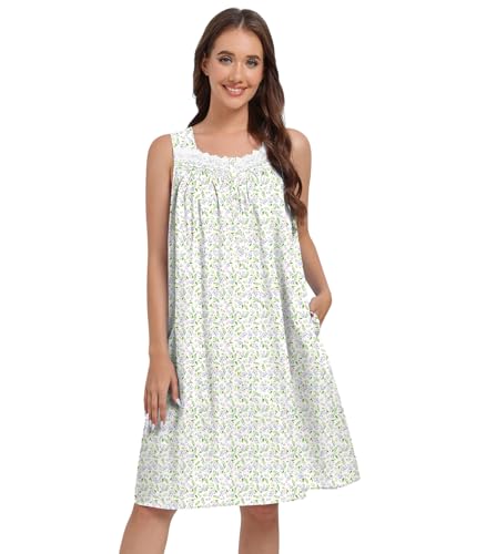 QRRLUEN 100% Cotton Nightgowns for Women Sleeveless Nightgown with Pockets Sleepwear Soft Short Night Gown Ladies Nightdress White Purple Floral M