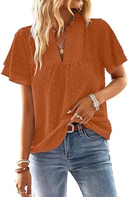 Falechay Womens Tops Boho V Neck Short Sleeve Blouses Caramel M