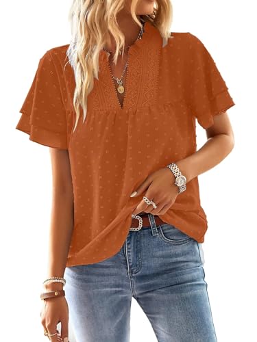 TUUHAW Camiseta Oversize Mujer Camisetas Manga Corta Mujer Cuello en V Camisa Volantes Suelto Básica Blusas Casual Elegante Túnica Encaje Tops Estilo Retro Bordado Oficina T-Shirt Naranja XXL