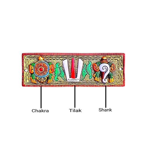 Image of FLAIMYST Shank Chakra Tilak for Door Entrance in Aluminium Metal, Tirupati Door Wall Hanging Shankh Chakra Namah Decorative for Home, Office, Room, Religious House Warming (Gold Plating Multicolor)