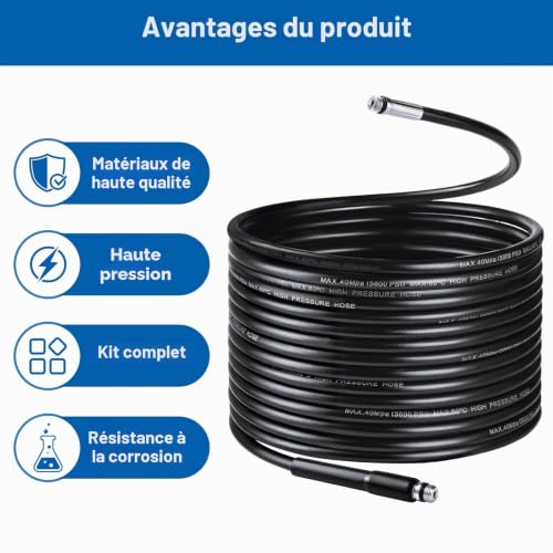 15M Tuyau Déboucheur Canalisation Kit, compatible avec Kärcher k2-k7, Bosch, 400 Bar/5800PSI, Déboucheur Canalisation Haute Pression, Tuyau de Nettoyage Pression, avec Buses et Adaptateurs – vue 4