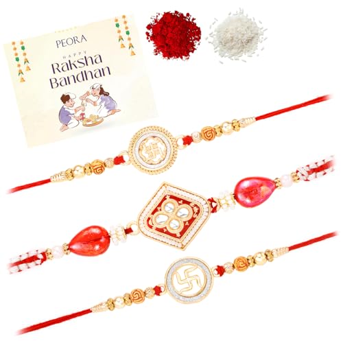 Image of Peora Rakhshabandhan Thread Rakhi for Brother Bhaiya | Crystals & Kundan Studded | Combo, Set of 3 | Rakhi Hamper with Roli Chawal & Greeting Card