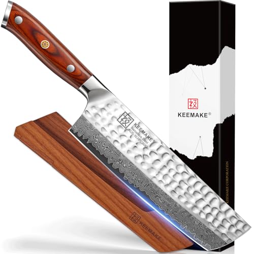 Image of KEEMAKE Nakiri Chef Knife, 7 Inch 67-Layer Damascus Japanese Kitchen Knife with Ergonomic Pakkawood Handle, Ultra Sharp Non-Slip Cooking Vegetable Knife with Ash Sheath & Dad Gift Box