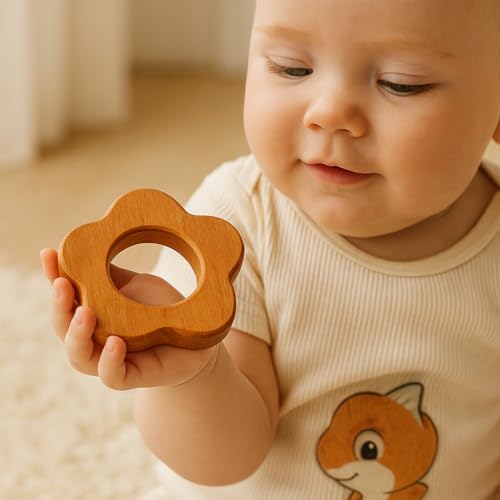 Image of Shark Doo Doo Neem Wood Baby Teether (Flower) | Organic & Handcrafted | Chemical-Free, Paint-Free, Antibacterial Teething Toy for Babies