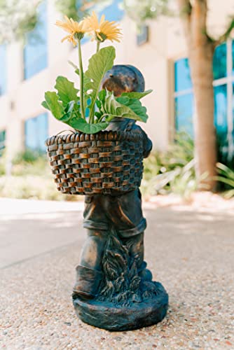 Xbrand 24" H Faux Bronze Magnesium Oxide Walking Boy Garden Statue W/Small Flower Plant Pot, Outdoor Décor, Natural Design Sculpture,Bronzeboyx5 #TOP25