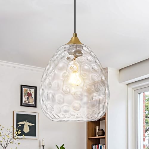 Image of Actask Glass Pendant Light, Brass Gold Pendant Lights Kitchen Island with 8.27'' Hammered Clear Glass Lampshades, Modern Hanging Ceiling Light for Farmhouse Dining Room Bedroom Hallway(1 Pack)