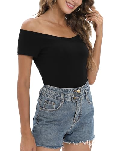 Image of Sarin Mathews Womens Shirts Off The Shoulder Tops Sexy V Neck Slim Fit Shirts Tops Blouses