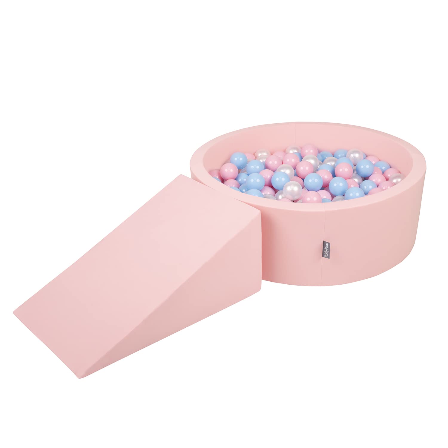 KiddyMoon Soft play set with ballpit 90x30cm and ramp 200 balls 7cm foam playground for babies and toddlers - Pink: Baby blue Powder pink Pearl