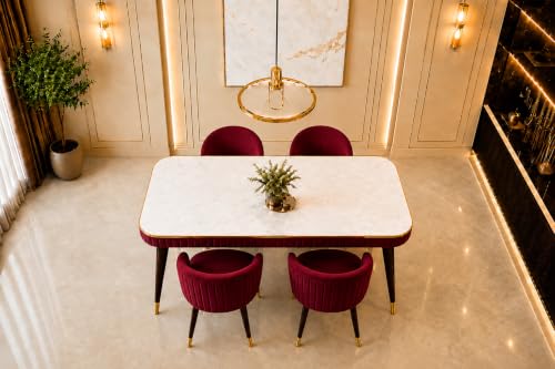 Image of WOODEN SPACE Majestic 4 Seater Wooden Dining Table Set | Urban Marble Top Dining Table with Chairs for Dining Room & Kitchen (Majestic Classic Backline Maroon) (54 x 36 x 30 inch)