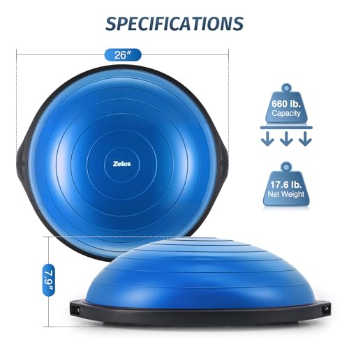 ZELUS 64cm Balance Ball | 680kg Inflatable Half Exercise Ball Wobble Board Balance Trainer w Nonslip Base | Half Yoga Ball Strength Training Equipment w 2 Bands, Pump, Extra Ball Included, Blue - Image 5