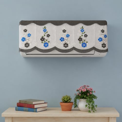 Image of Premium Cotton Net AC Cover for 1.5-2 Ton Split Air Conditioner | Dust Protection AC Indoor Unit Cover for Summer | Embroidered & Printed | Pack of 1 (Grey Flower)
