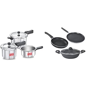 Prestige Svachh Aluminium 2+3+5 Litre Combo cooker with Induction Base + Prestige Omega Deluxe Granite 3 Pcs with 1 Glass Lid