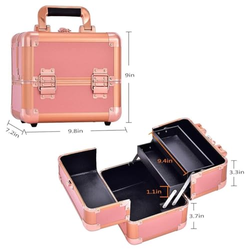 Image of Adson Professional Makeup Box Cosmetics Case Jewelry Organiser Vanity Make Up Storage Box Beauty Train Case Lockable with Keys (Metallic Dusty Rose Gold)