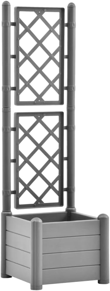 vidaXL Garden Raised Bed with Trellis, Raised Bed for Flowers and Plants, Planter with Drainage Hole, Outdoor and Indoor Use, Grey, 16.9"x16.9"x55.9", PP