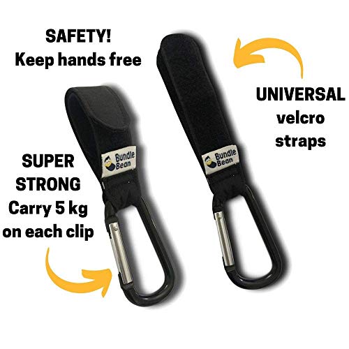 BundleBean - Buggy Clips (Pair): Clips Your Shopping, Handbag and Changing Bag to Your Pushchair, Stroller, Wheelchair or Walker. Universal fit, Black Hook & Loop Straps