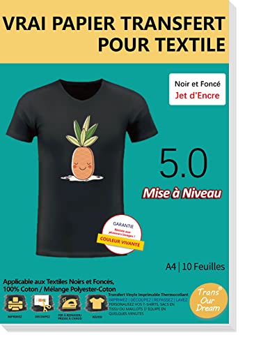TransOurDream 10 feuilles x A4 Papier Transfert pour Textiles et T-shirts Noirs et Foncés, Imprimante Jet d'Encre, Non Impression Miroir, Patch thermocollant imprimable tissu, vinyle, FR3-5.0-10 Cover