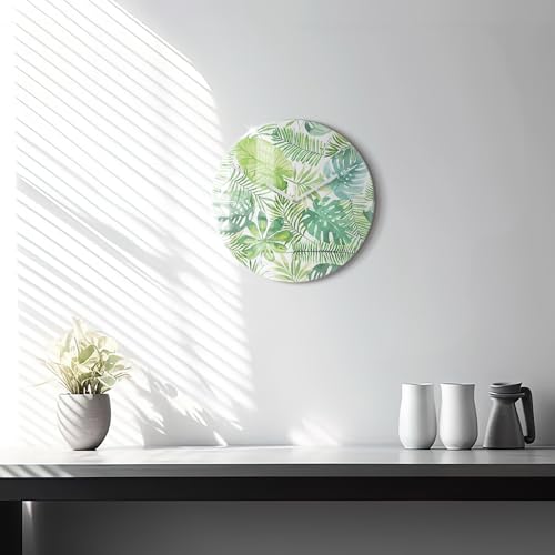 Horloge en verre 30 cm Wallfluent Feuilles Vertes design moderne - 3