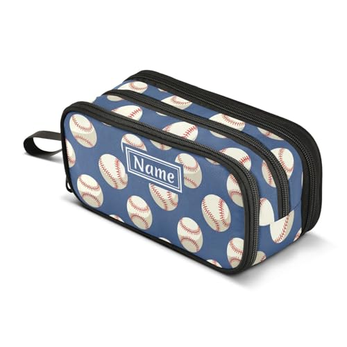 Image of Custom Baseballs Ball Blue Pencil Case Box Boys Girls Personalized Name Large Pencil Pouch Stationery Pen Bag Organizer for Kids Adults School Office