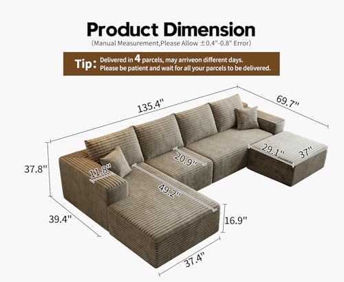 Image of 135.4 inch Cloud Modular Sectional Couch with 1 Ottoman,Modern Minimalist Upholstered Couches, Comfort U Shaped Sofa for Living Room,Deep Seat Corner Couch,No Assembly Required (Camel,Left Facing Chaise)