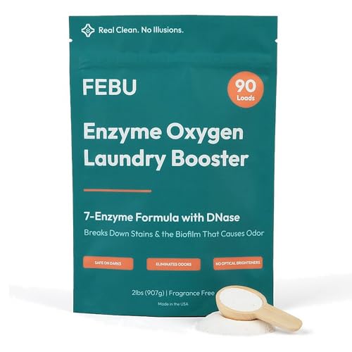 FEBU Enzyme Oxygen Laundry Booster | 7-Enzymes Including DNase | Odor Eliminator & Stain Remover for Sweat Pet & Musty Odors | Concentrated Powder Hypoallergenic USA-Made | Fragrance Free 2 lbs