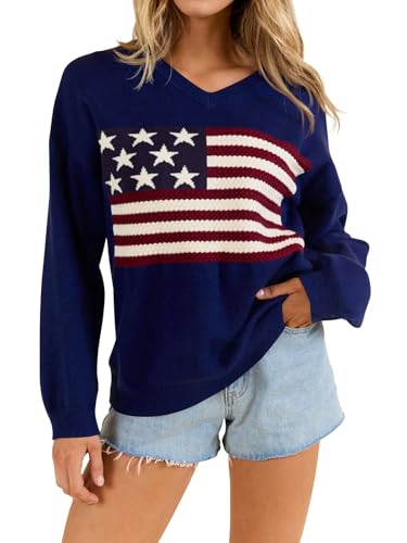 BONITEE Women's American Flag Sweaters Casual Long Sleeve V Neck Sweater USA Graphic Print Soft Loose Knit Pullover