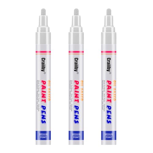White Paint Markers 3 Pack Oil-Based Waterproof Quick Dry Permanent Paint Pen Set for Rocks Painting Wood Fabric Plastic Canvas Glass Mugs Metal Tire Stone DIY Craft