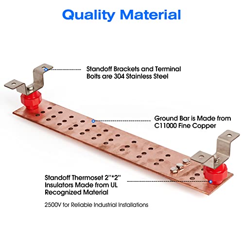 Ground Bar Kit 24" X 4" X 1/4" Heavy-Duty Copper Bus Bar,With 36 X 0.438’’ Holes And 2’’X2” Standoff Insulators Made From Ul Recognized Material,2500V #TOP3