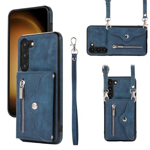 Étui pour Samsung A52 anti-chute avec lanière bandoulière et portefeuille zippé bleu cuir