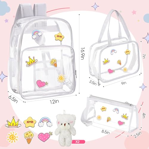 Eccliy 3 Pcs Clear Kawaii Backpack Set Aesthetic for Stadium Events Cute Backpack with Kawaii Pin and Lunch Bag, Pencil Case2