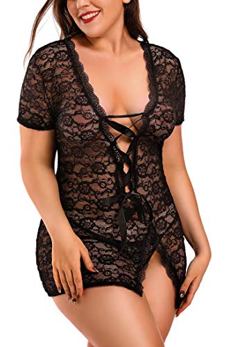 Women's Plus Size Lingerie Sexy Deep V Babydoll Cross Strap Front Lace Trim Chemise (Black, 4X-Large)