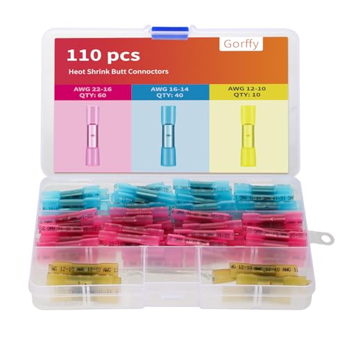 Connecteurs thermorétractables étanches – 110 pcs (AWG 22–16/16–14/12–10) – Cosses bout à bout à sertir, cuivre étamé, adhésif – Kit auto,...