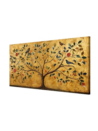 Image of 999STORE Golden Tree of Life Canvas Painting - 24x48 Inches Framed Art, Elegant Symbolic Wall Decor (FLP24480717)
