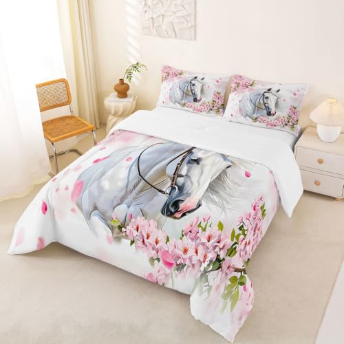 Image of Feelyou White Horse Comforter Set Twin Size Bedding Set for Teens