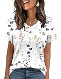 AKEWEI Womens Summer Tops V Neck Floral Short Sleeve Shirts Pleated Spring Clothes 2025