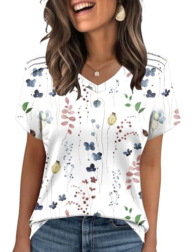 AKEWEI Womens Summer Tops V Neck Floral Short Sleeve Shirts Pleated Spring Clothes 2025