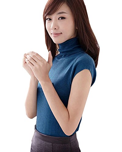 (ラクエスト) Laquest ハイネック やわらか 年中着れる 半袖 リブ ニット セーター レディース (ネイビー)