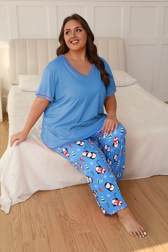 Image of Vozanet Women's Plus Size Pajama Sets Short Sleeve Long Pants Solid Color with Piping Trim Elegant Loungewear Cozy Sleepwear