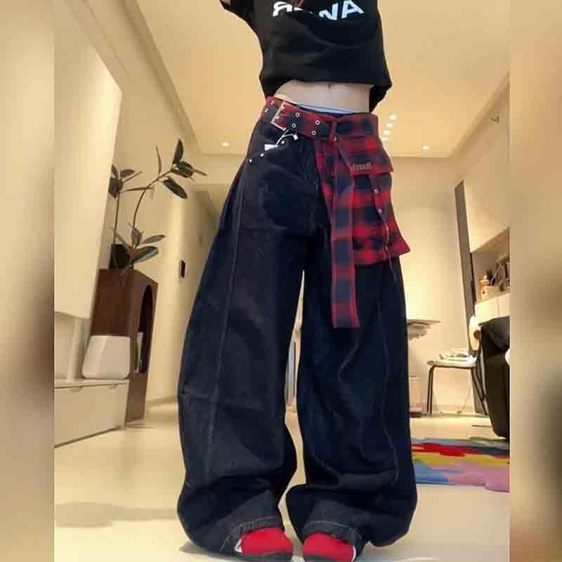 Women's Embroidered high Street Fart Curtain Plaid Jeans Wide Leg Curved Knife Casual Pants3