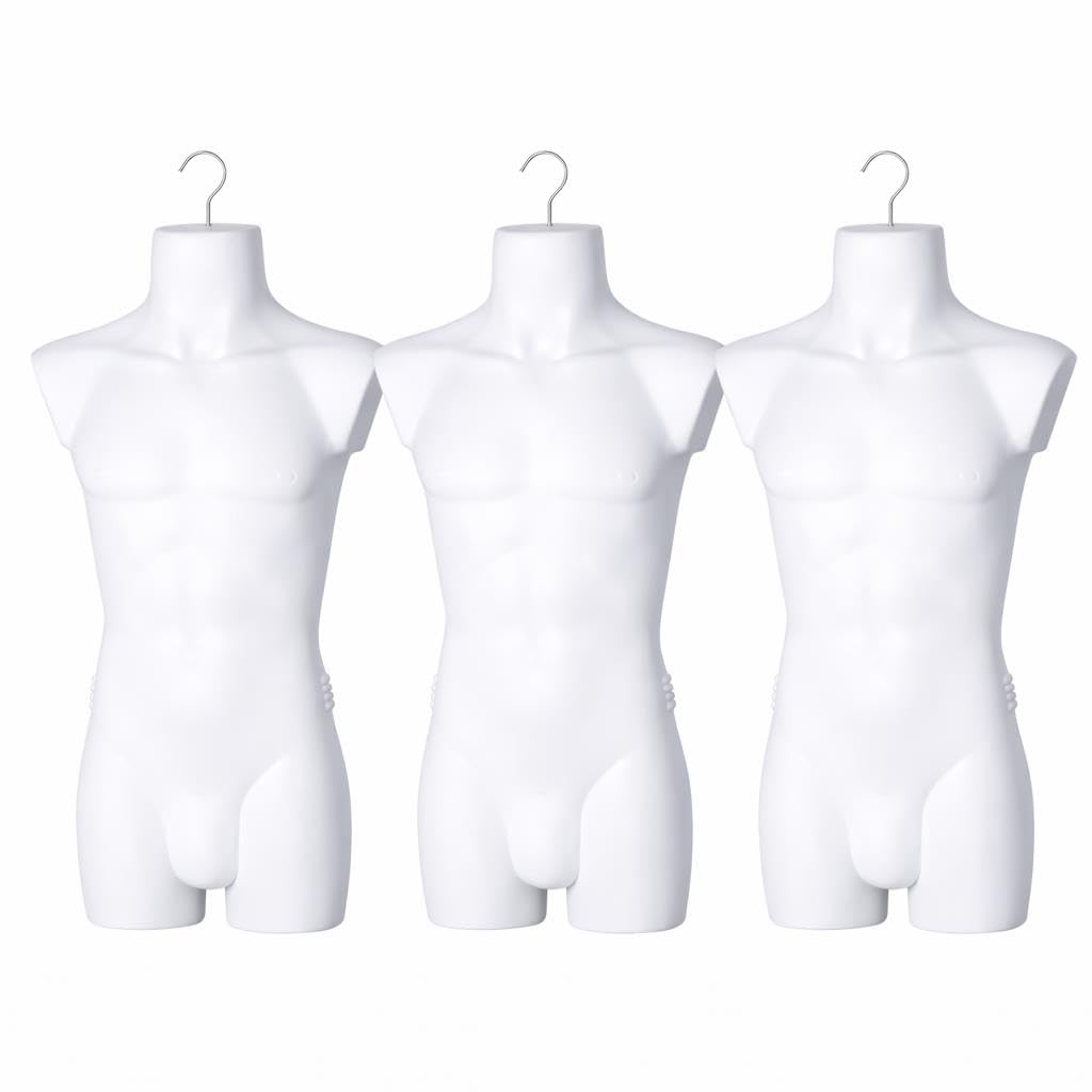 3er Set Torso männlich - Herrentorso lebensecht aus Kunststoff - Oberkörper Halbplastik in Farbe Weiß - Mannequin Büste - Halbschale Herrenbody - Schaufensterpuppe mit Haken - 3 Stück Dekotorso